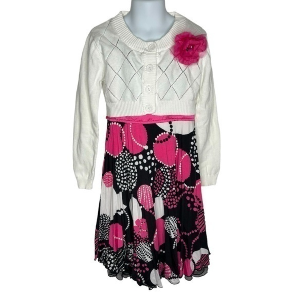 My Michelle Dress and Cardigan Girls Size 7 Black‎ Pink White Geometric Print
